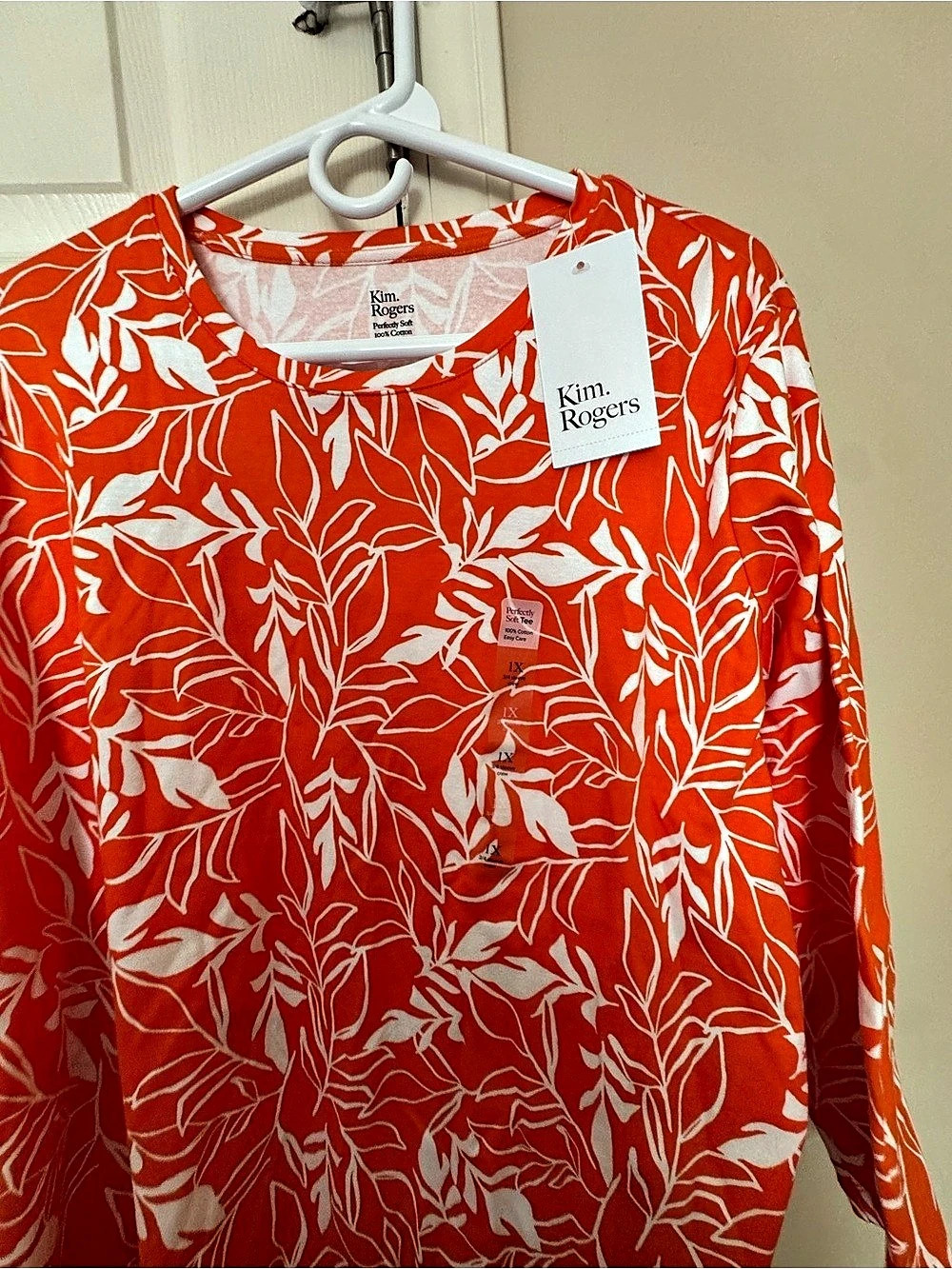 Kim Rogers Plus Size 3/4 Sleeve Printed Shirt Tunic Orange & White 1X - Picture 2 of 6